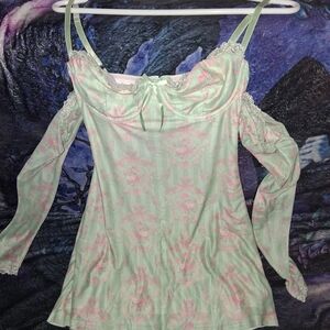 Floral Lace Trim Chemise - Mint Green and Pink